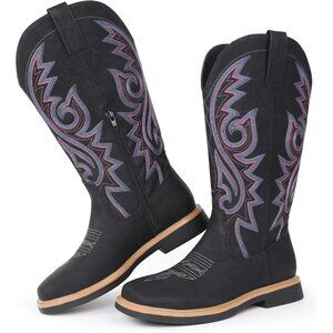🆕Women's Black Embroidered Square Toe Side Zipper Western Mid Calf Dress Boots